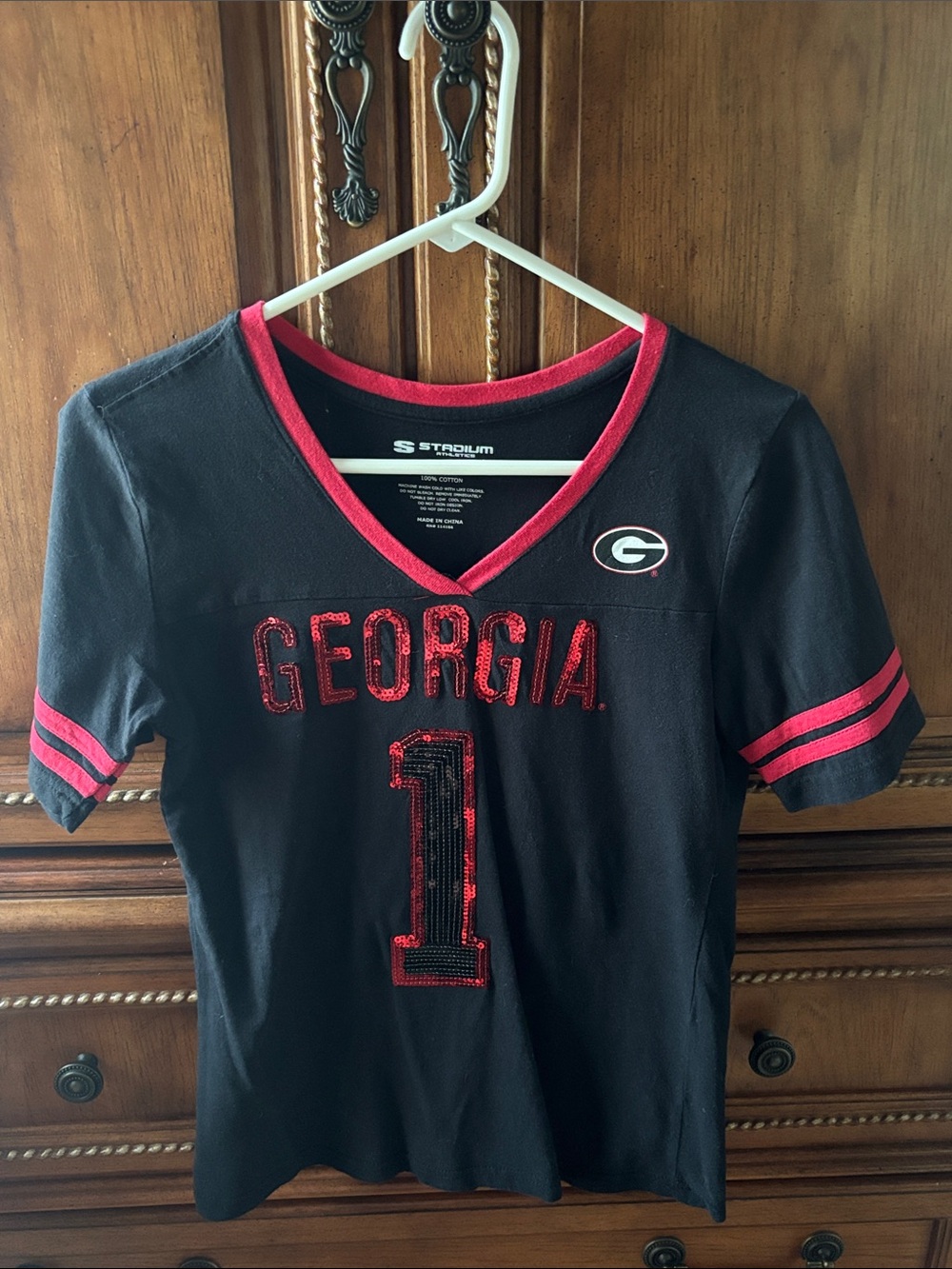 Stadium Athletics Black & Red Georgia Sequin Number Tee